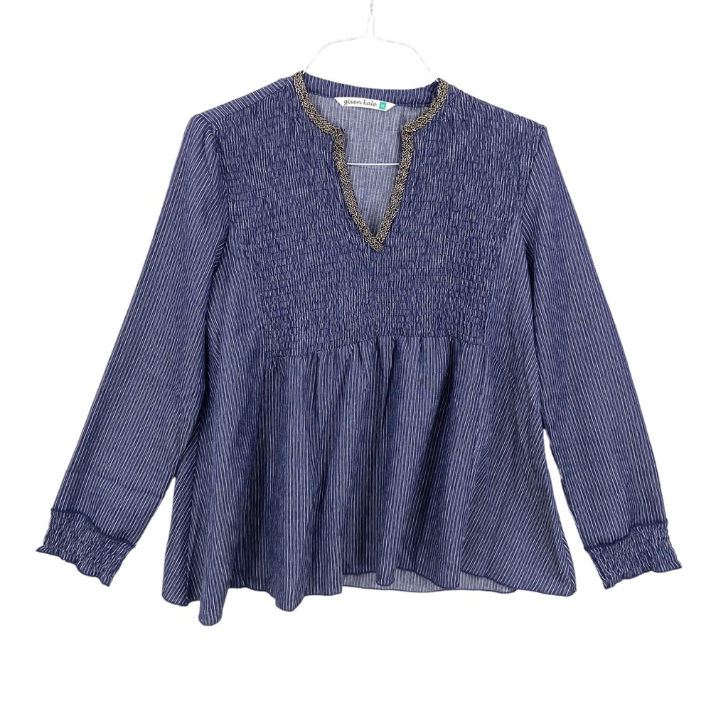 GIVEN KALE Top Peasant Top Striped Beaded Smocked